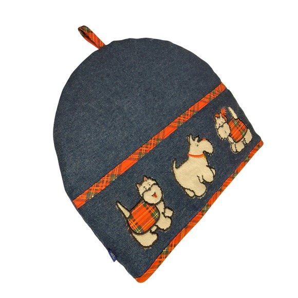 Other - Denim Tea Cozy Tea Cosy Cover Plaid Scottie Dog Embroidered Farmhouse Kitchen